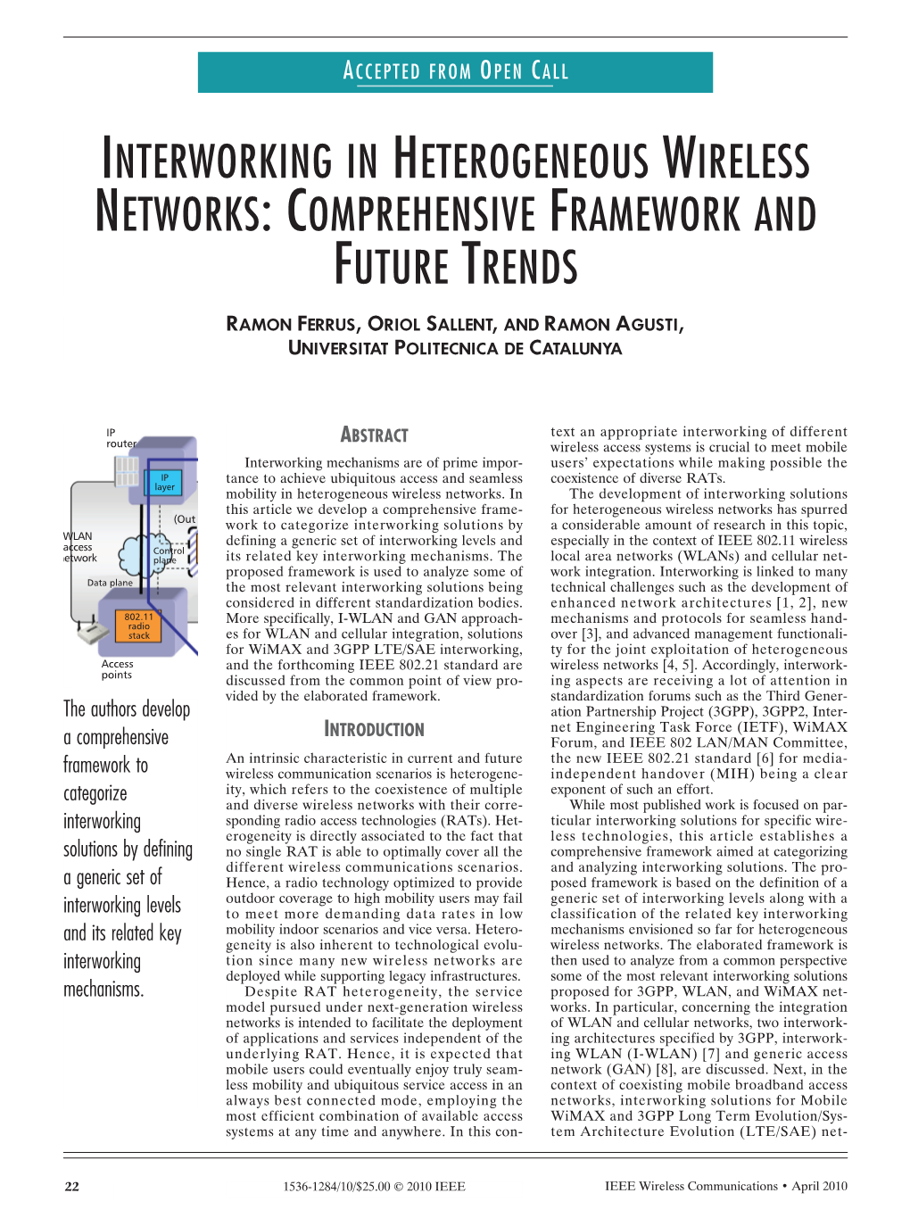 Interworking in Heterogeneous Wireless Networks: Comprehensive Framework and Future Trends