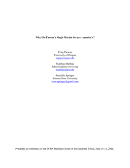 Why Did Europe's Single Market Surpass America's? Craig Parsons