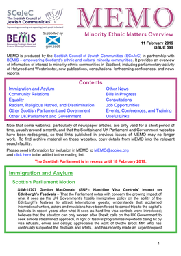 MEMO Is Produced by the Scottish Council of Jewish Communities (Scojec) in Partnership with BEMIS – Empowering Scotland's Ethnic and Cultural Minority Communities