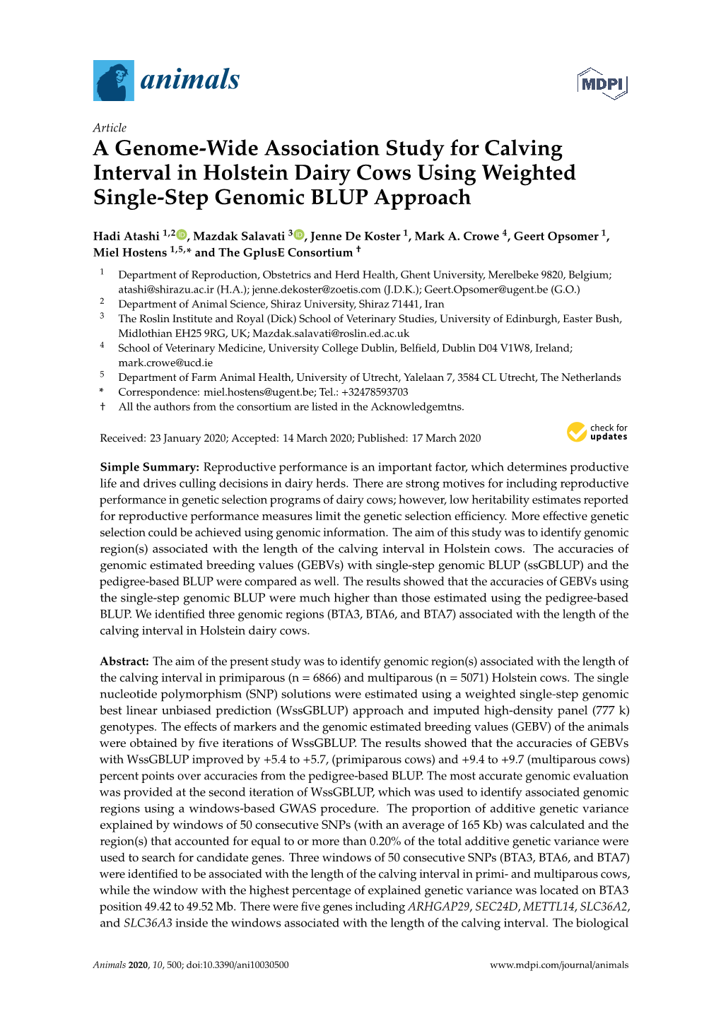 A Genome-Wide Association Study for Calving Interval in Holstein Dairy Cows Using Weighted Single-Step Genomic BLUP Approach