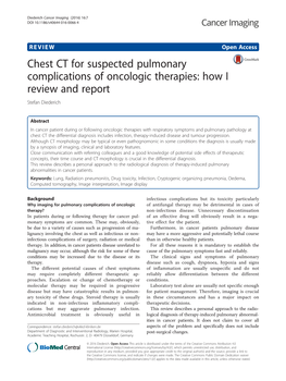 Chest CT for Suspected Pulmonary Complications of Oncologic Therapies: How I Review and Report Stefan Diederich