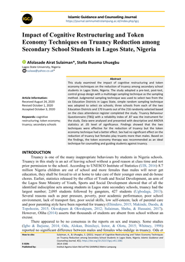 Impact of Cognitive Restructuring and Token Economy Techniques on Truancy Reduction Among Secondary School Students in Lagos State, Nigeria