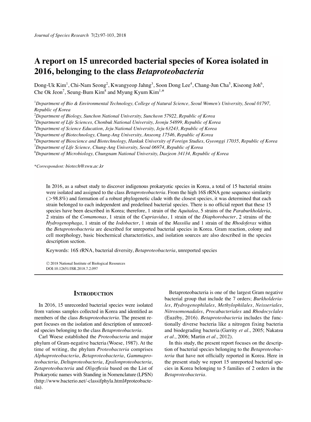 A Report on 15 Unrecorded Bacterial Species of Korea Isolated in 2016, Belonging to the Class Betaproteobacteria