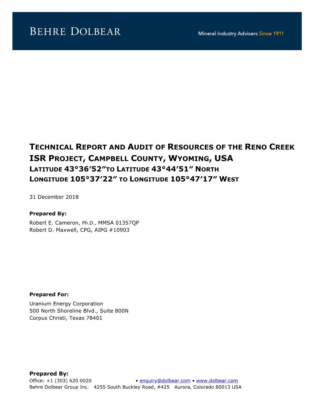 NI 43-101 Technical Report 2018