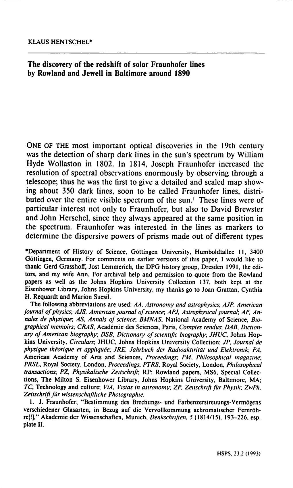 The Discovery of the Redshift of Solar Fraunhofer Lines by Rowland and Jewell in Baltimore Around 1890