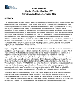 State of Maine Unified English Braille (UEB) Transition and Implementation Plan