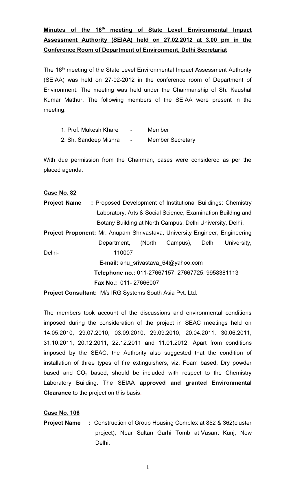 Minutes of the 14Th Meeting of State Level Environmental Impact Assessment Authority (SEIAA)