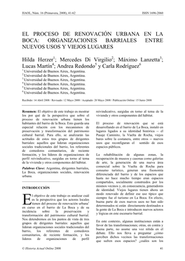 El Proceso De Renovación Urbana En La Boca: Organizaciones Barriales Entre Nuevos Usos Y Viejos Lugares