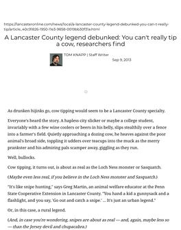 A Lancaster County Legend Debunked: You Can't Really Tip a Cow, Researchers ﬁnd