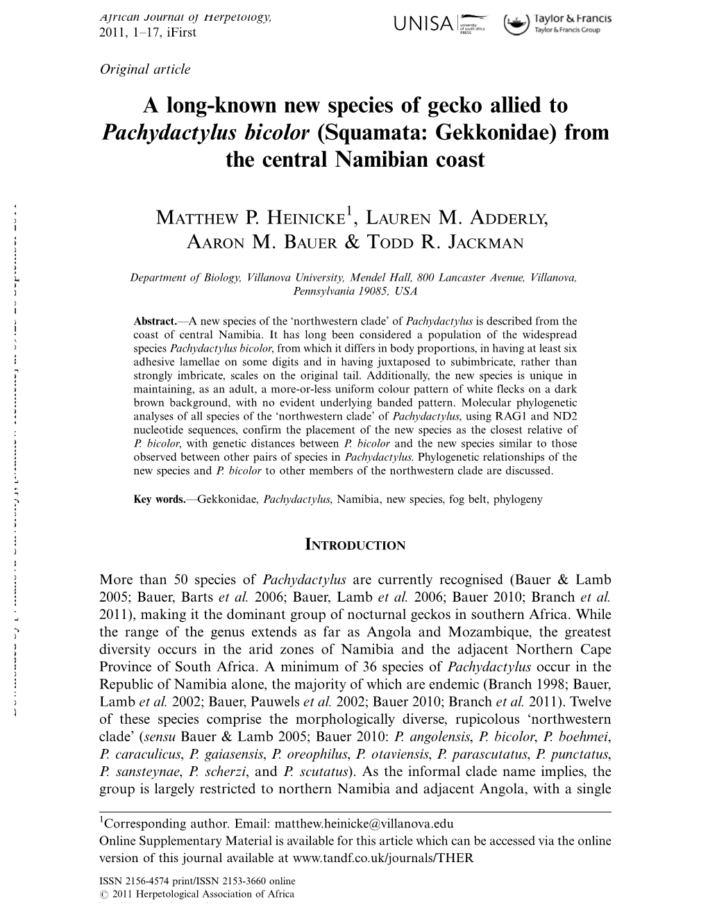 A Long-Known New Species of Gecko Allied to Pachydactylus Bicolor (Squamata: Gekkonidae) from the Central Namibian Coast