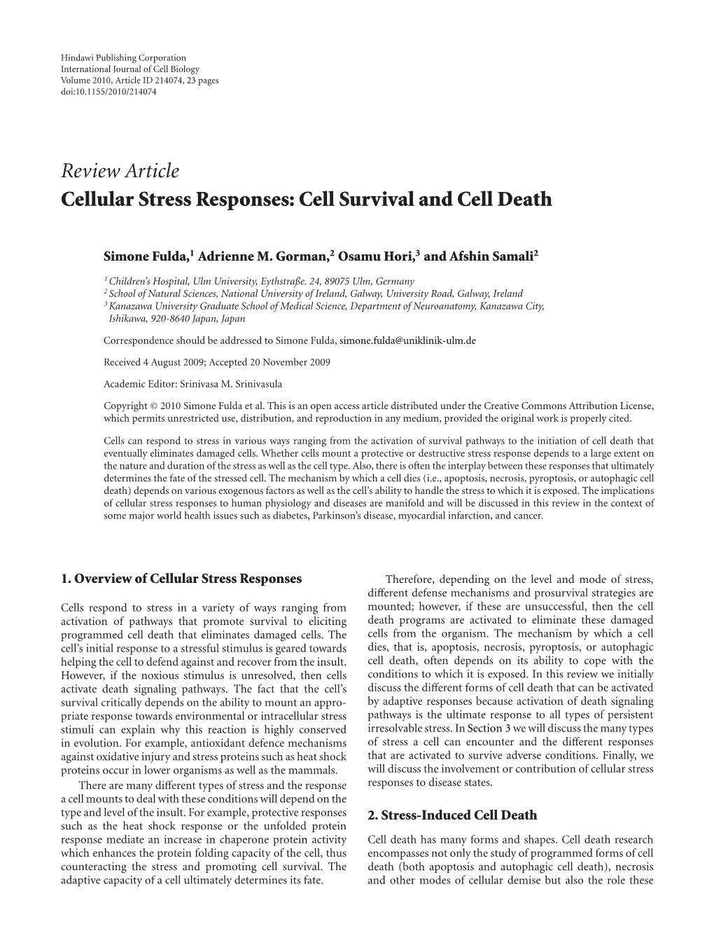 Cellular Stress Responses: Cell Survival and Cell Death