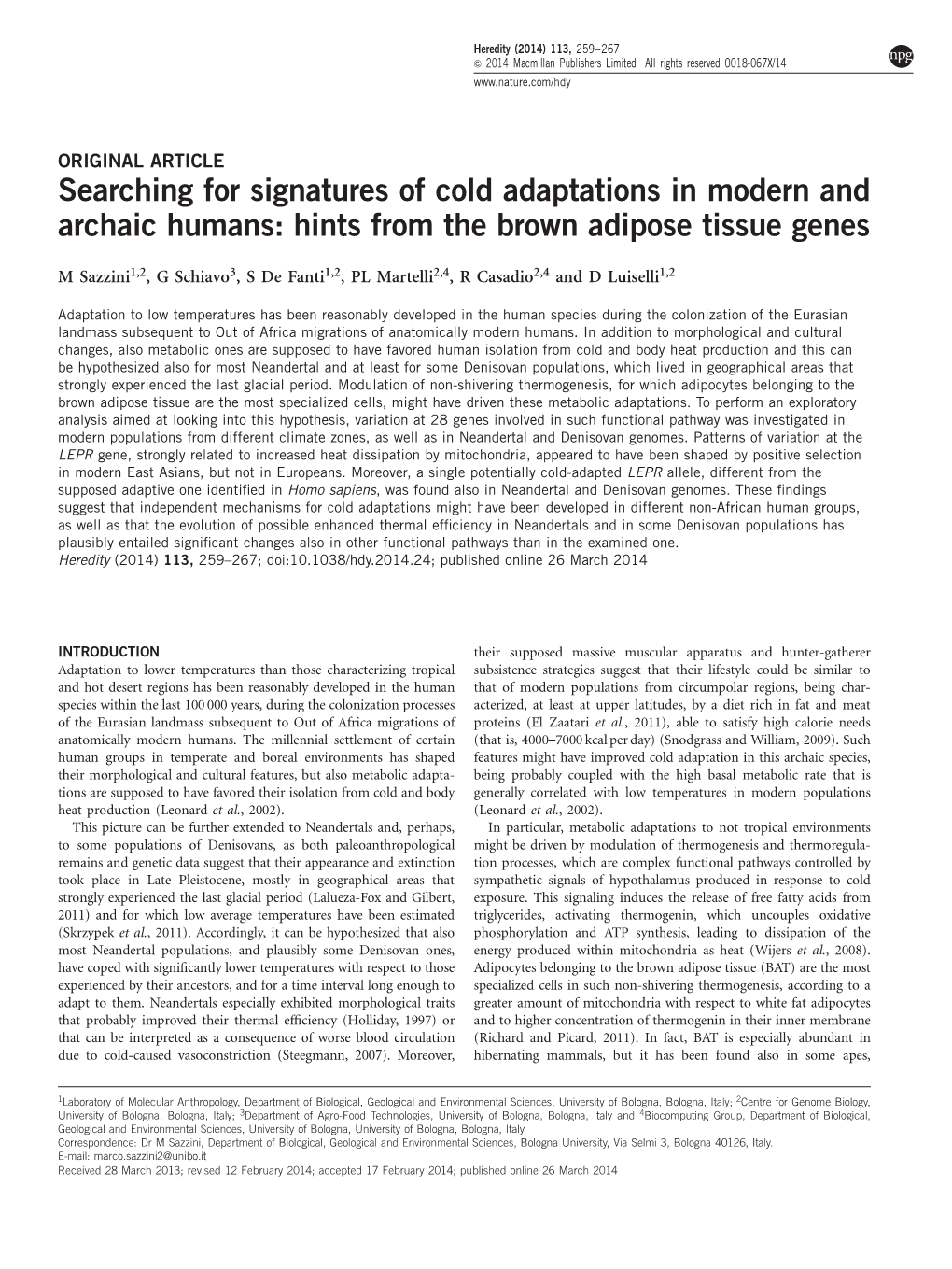 Searching for Signatures of Cold Adaptations in Modern and Archaic Humans: Hints from the Brown Adipose Tissue Genes