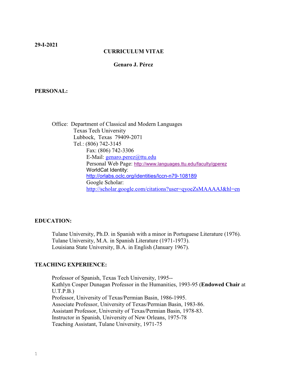 29-I-2021 CURRICULUM VITAE Genaro J. Pérez PERSONAL: Office