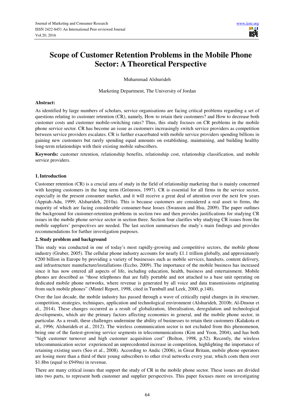 Scope of Customer Retention Problems in the Mobile Phone Sector: a Theoretical Perspective