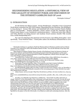 A Historical View of a Legality of Internet Poker and Discussion Of