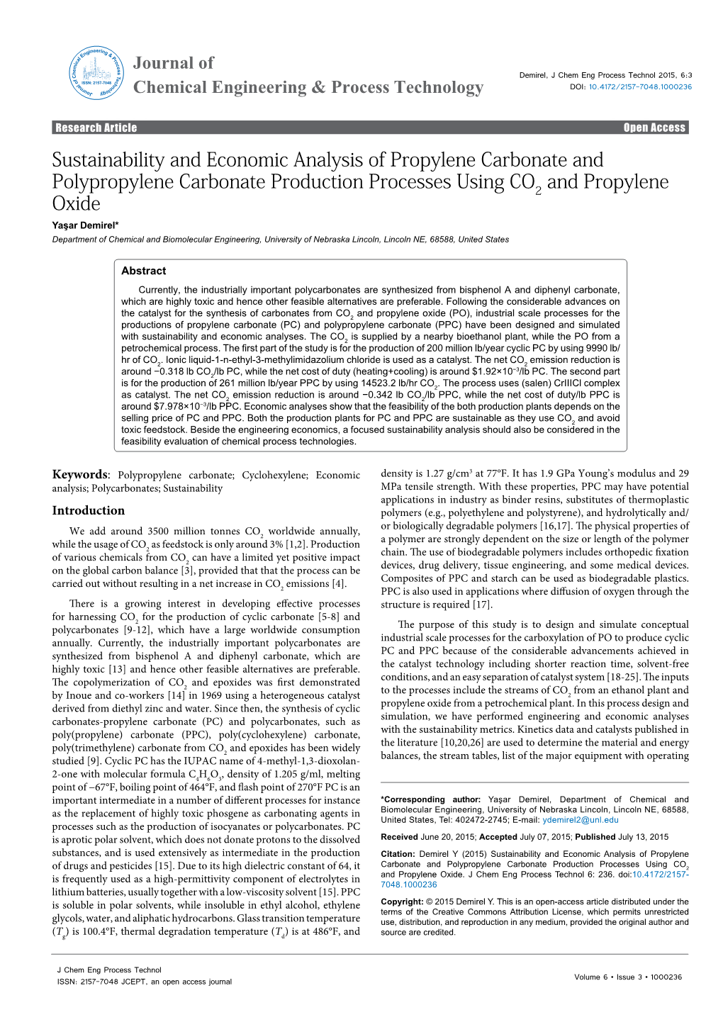 Sustainability and Economic Analysis of Propylene Carbonate And