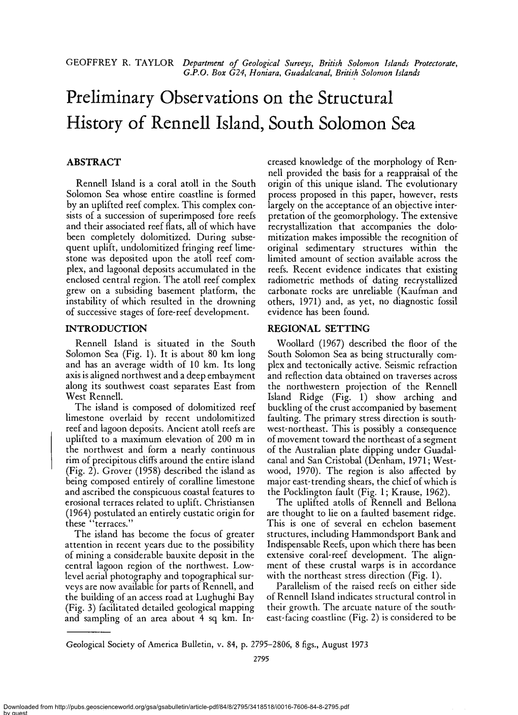 Preliminary Observations on the Structural History of Rennell Island, South Solomon Sea