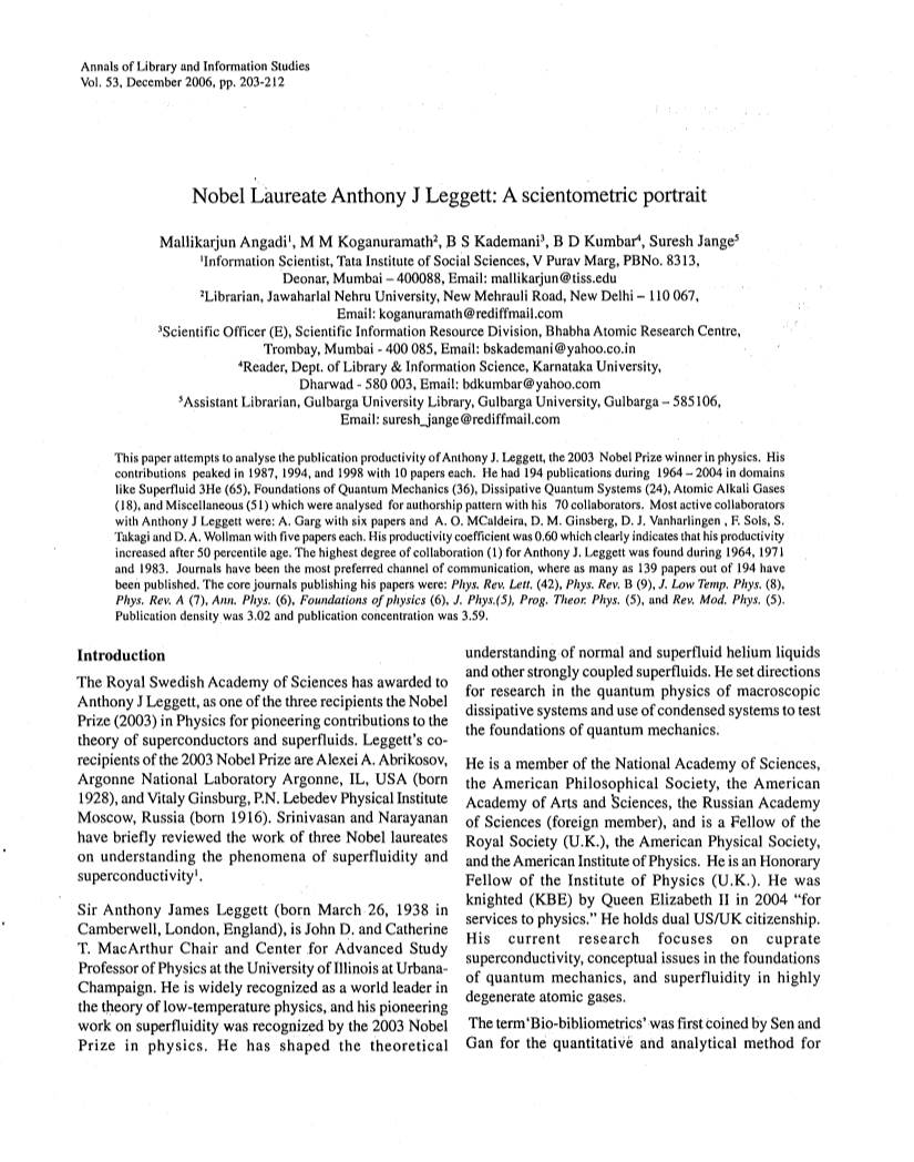 Nobel Laureate Anthony J Leggett: a Scientometric Portrait