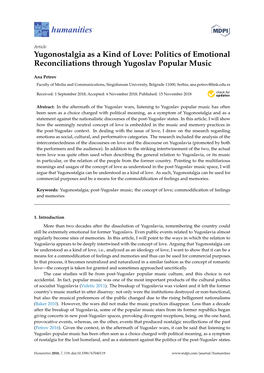 Yugonostalgia As a Kind of Love: Politics of Emotional Reconciliations Through Yugoslav Popular Music