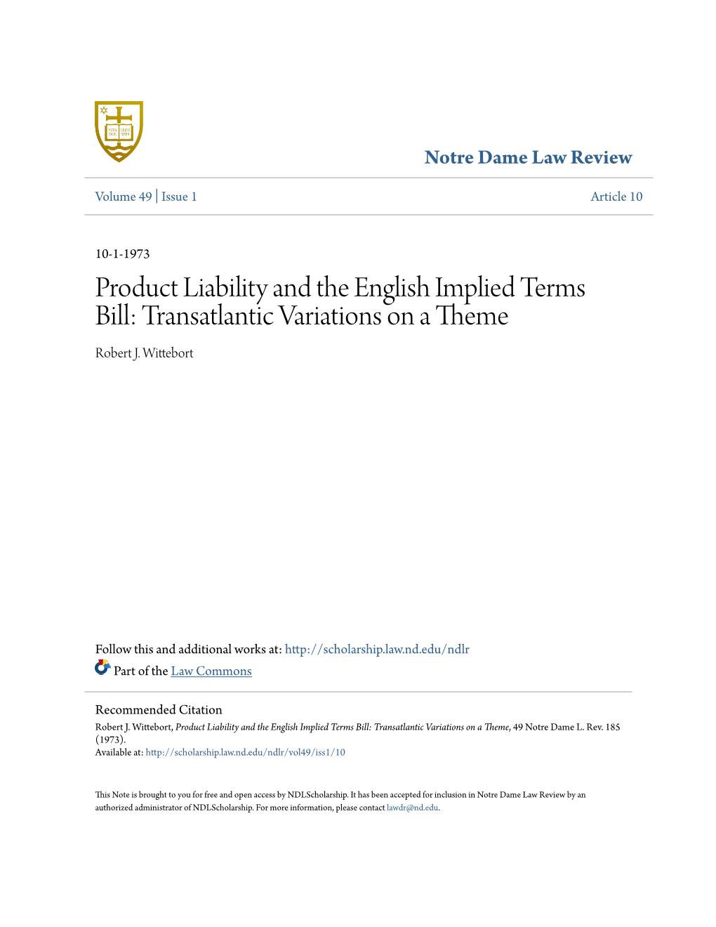 Product Liability and the English Implied Terms Bill: Transatlantic Variations on a Theme Robert J