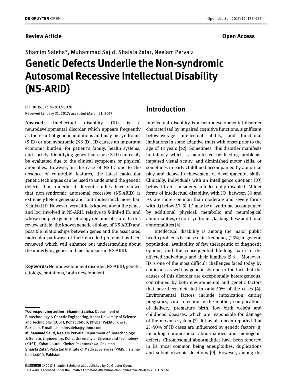 Genetic Defects Underlie the Non-Syndromic Autosomal Recessive Intellectual Disability (NS-ARID)