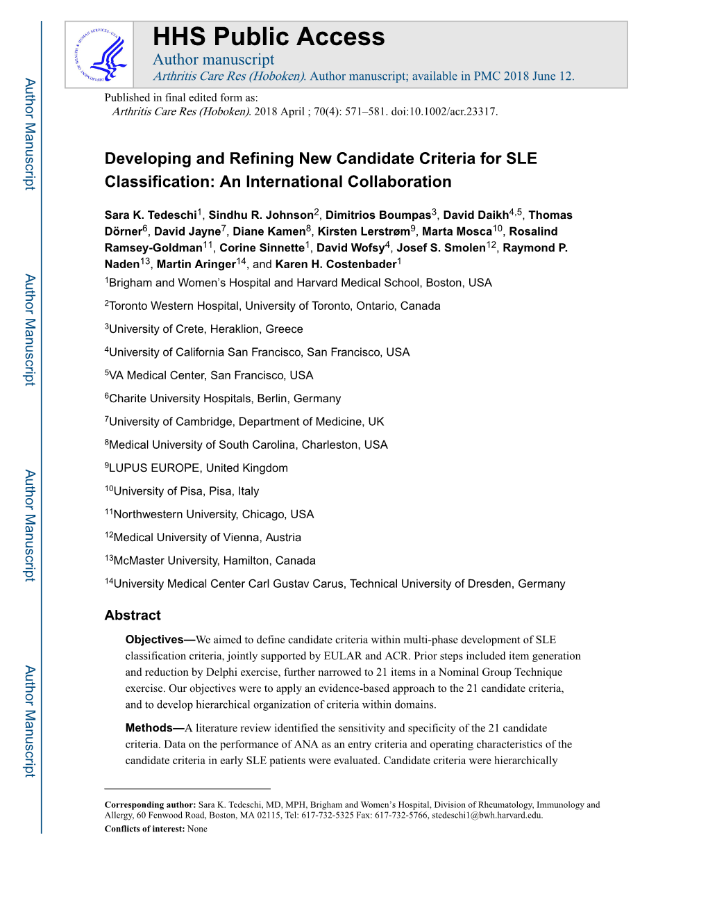 Developing and Refining New Candidate Criteria for SLE Classification: an International Collaboration
