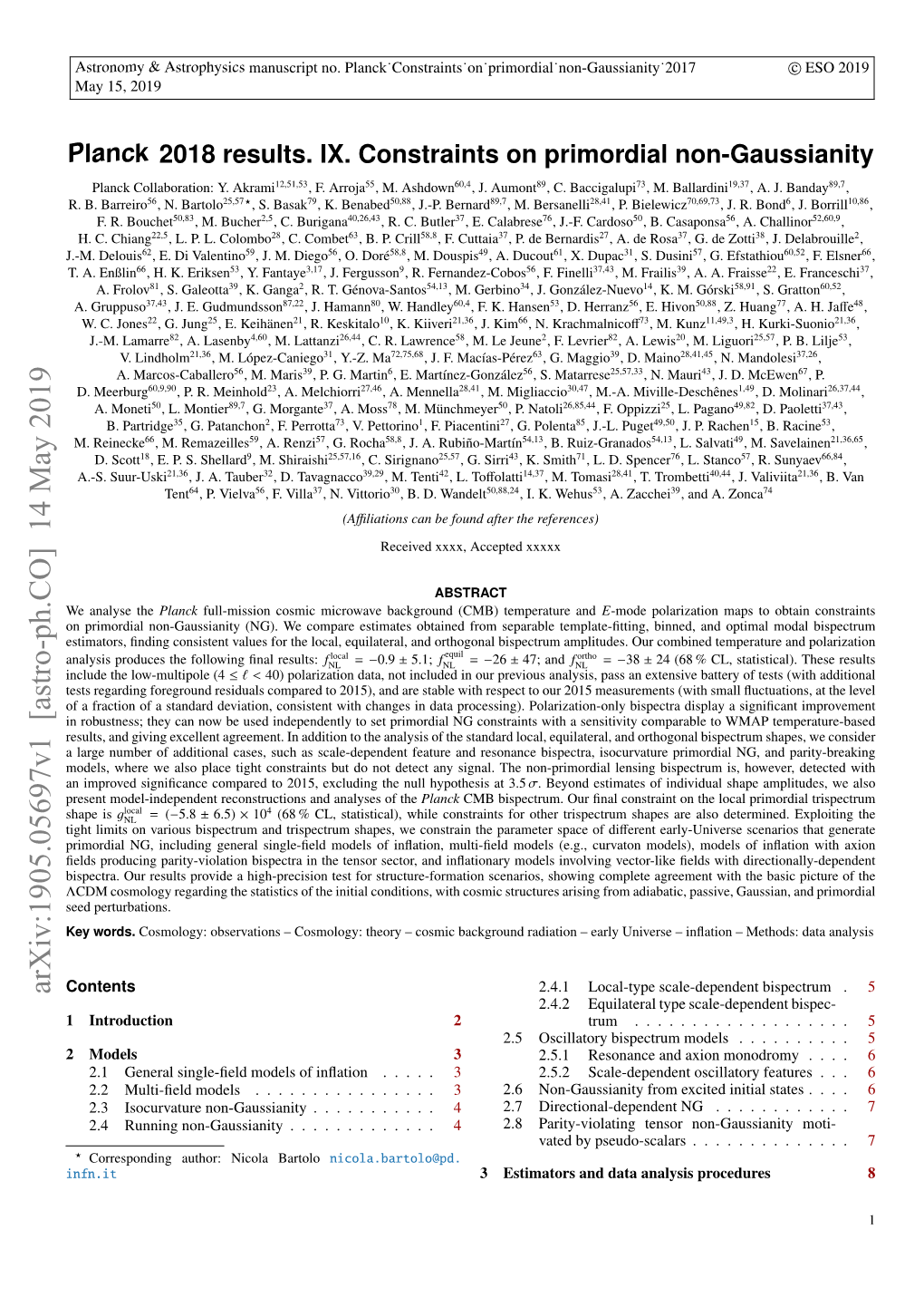 Planck 2018 Results. IX. Constraints on Primordial Non-Gaussianity Planck Collaboration: Y