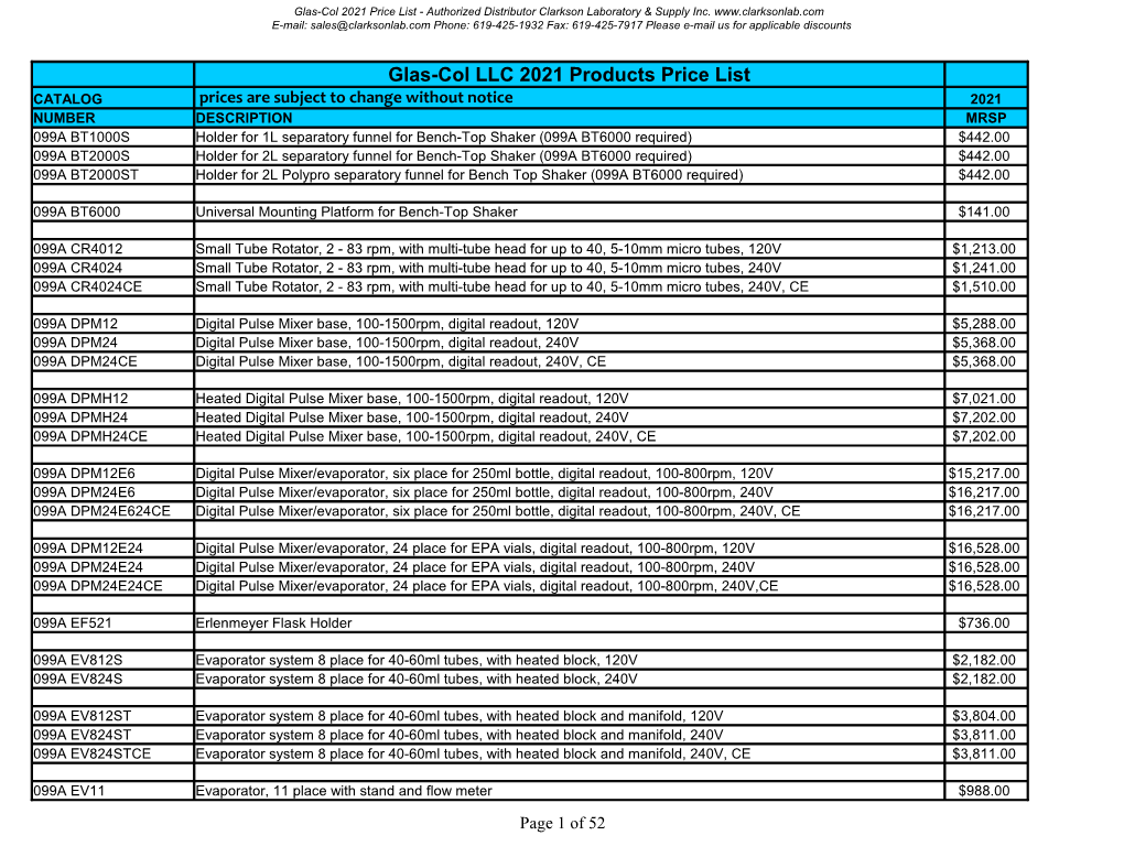 Glas-Col 2020 Price List