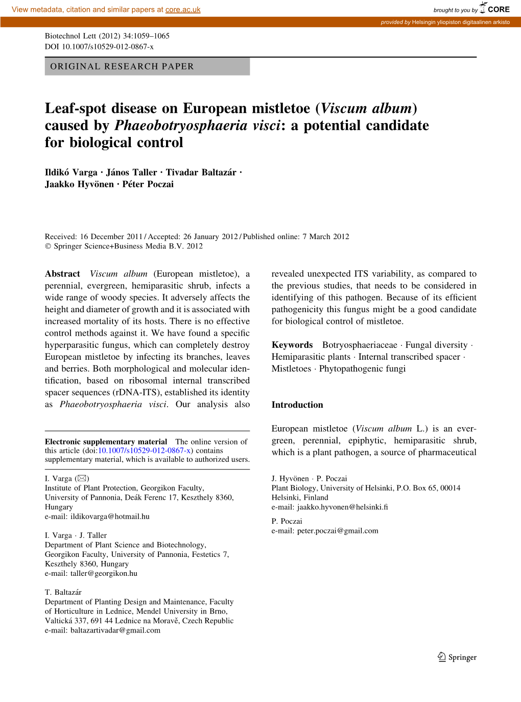 Leaf-Spot Disease on European Mistletoe (Viscum Album) Caused by Phaeobotryosphaeria Visci: a Potential Candidate for Biological Control