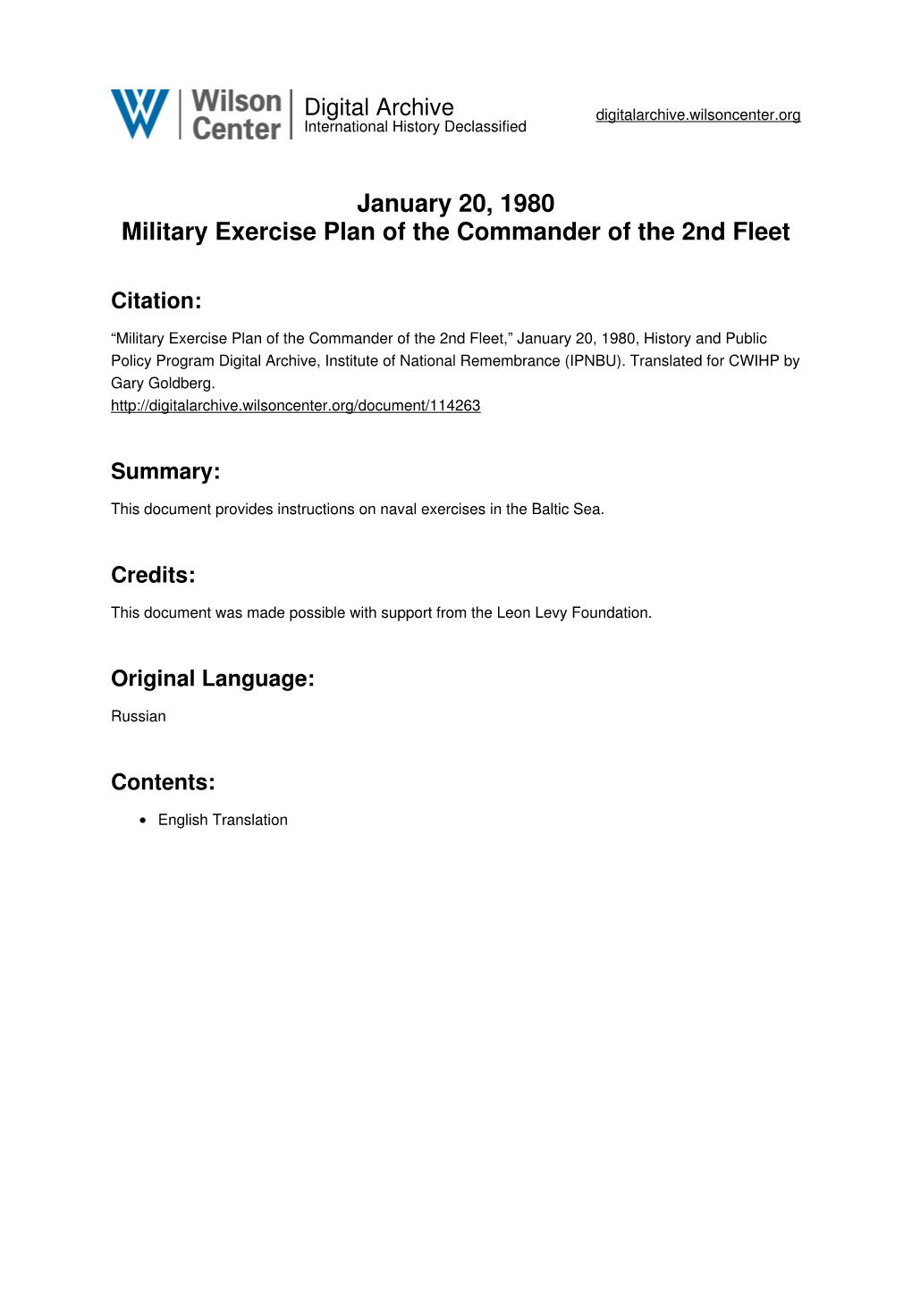 January 20, 1980 Military Exercise Plan of the Commander of the 2Nd Fleet