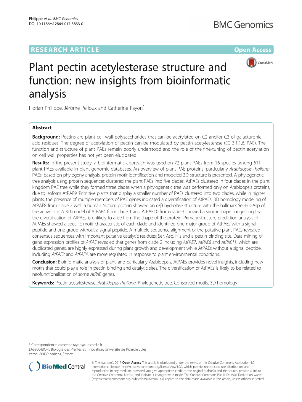 Plant Pectin Acetylesterase Structure and Function: New Insights from Bioinformatic Analysis Florian Philippe, Jérôme Pelloux and Catherine Rayon*