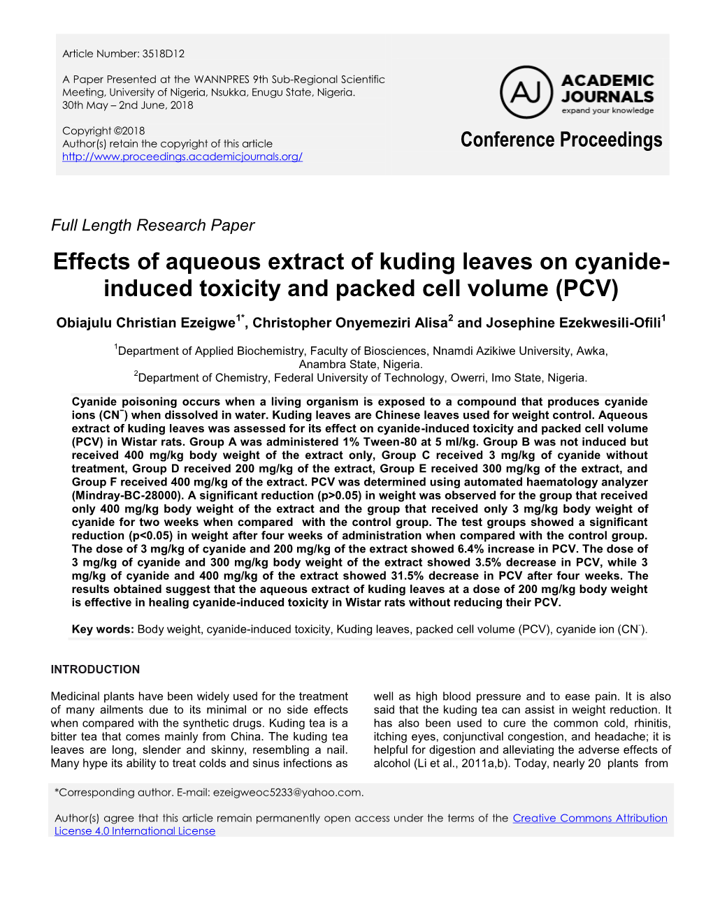 Effects of Aqueous Extract of Kuding Leaves on Cyanide- Induced Toxicity and Packed Cell Volume (PCV)