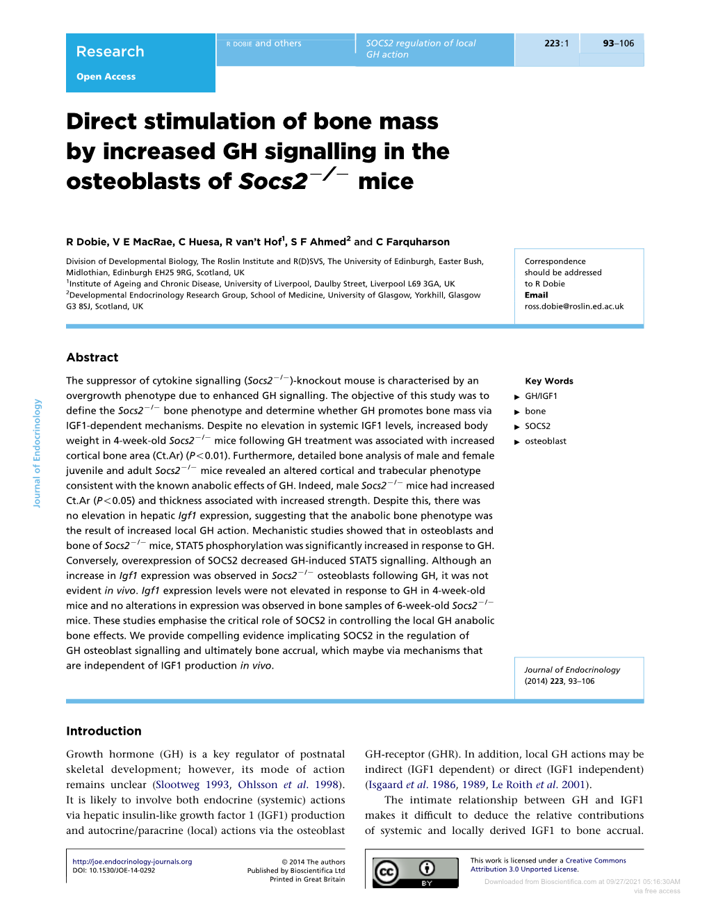 Direct Stimulation of Bone Mass by Increased GH Signalling in the Osteoblasts of Socs2k/K Mice