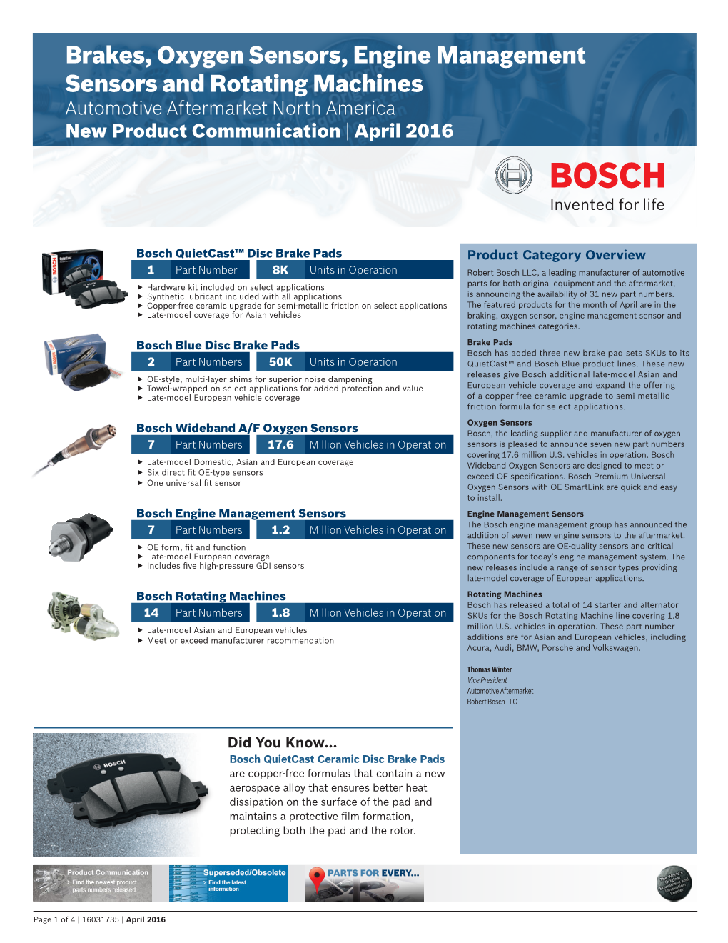 Brakes, Oxygen Sensors, Engine Management Sensors and Rotating Machines Automotive Aftermarket North America New Product Communication | April 2016