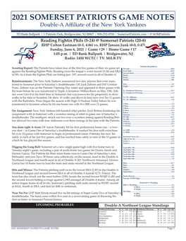 2021 SOMERSET PATRIOTS GAME NOTES Double-A Affiliate of the New York Yankees