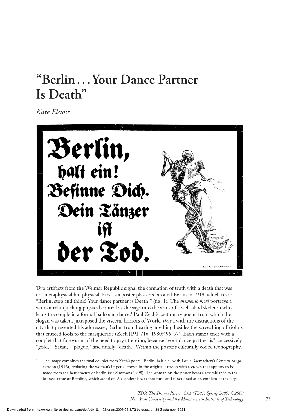 “Berlin . . . Your Dance Partner Is Death” Kate Elswit