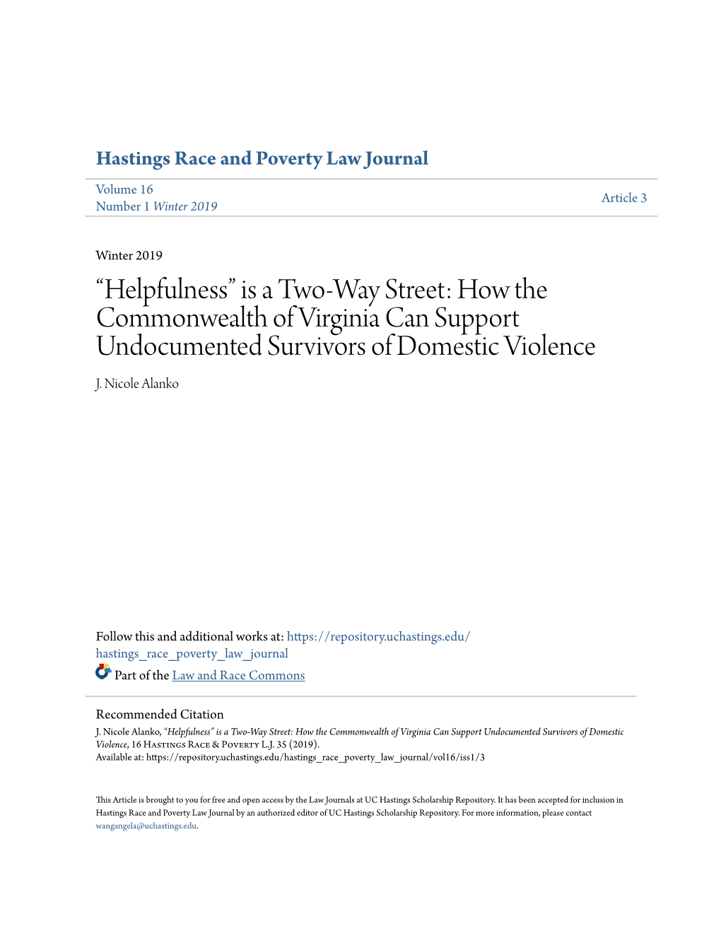 How the Commonwealth of Virginia Can Support Undocumented Survivors of Domestic Violence J