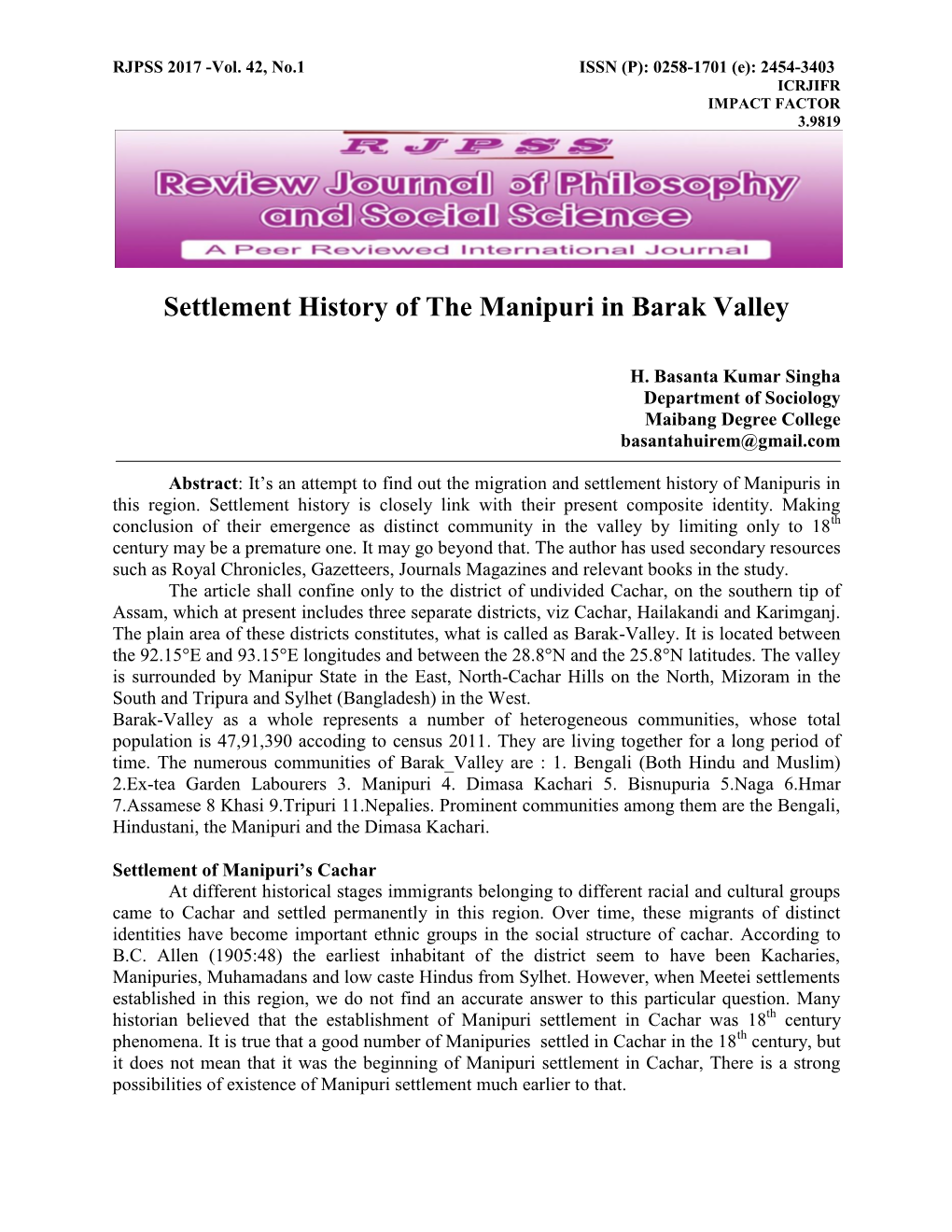 Settlement History of the Manipuri in Barak Valley