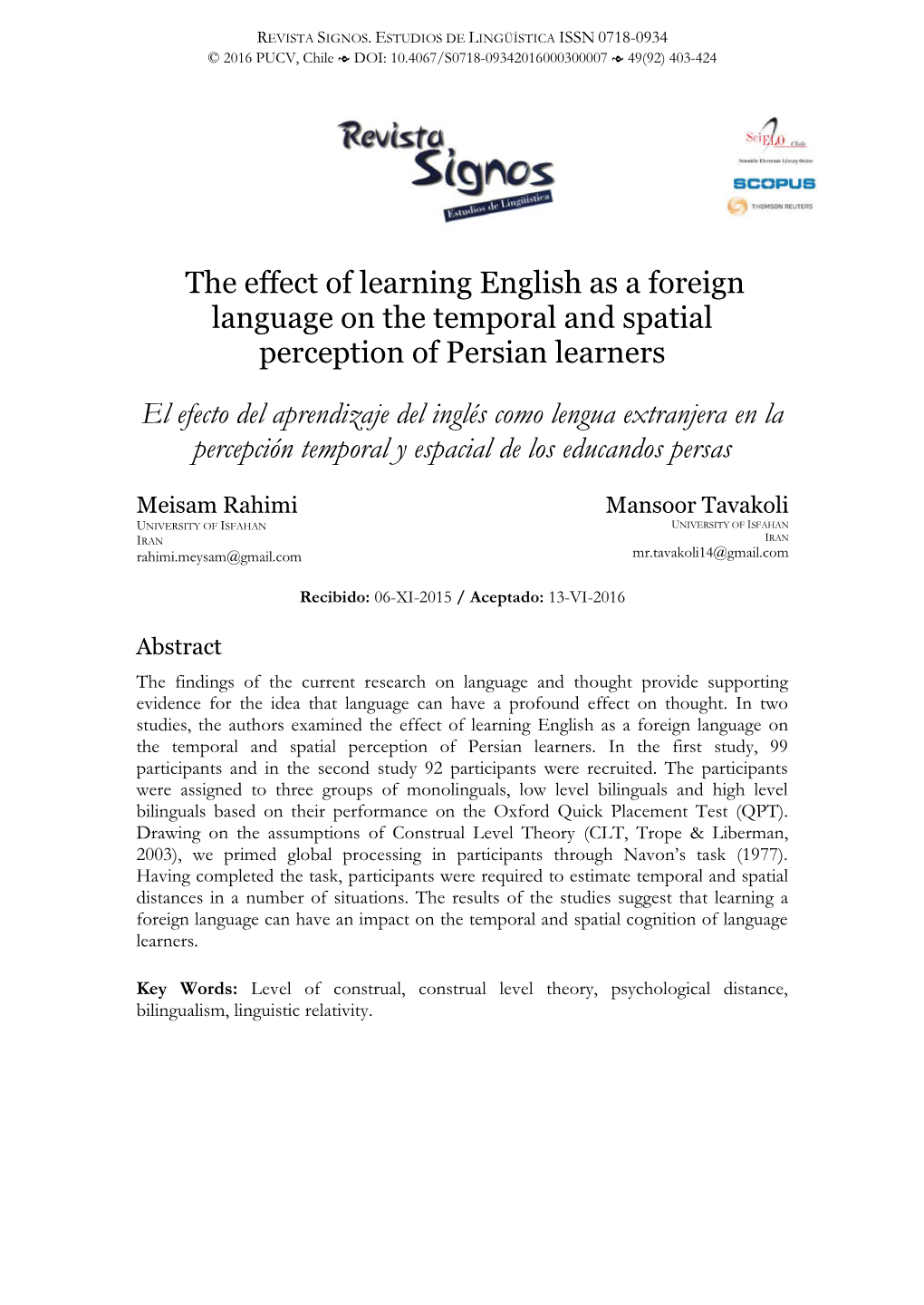 The Effect of Learning English As a Foreign Language on the Temporal and Spatial Perception of Persian Learners