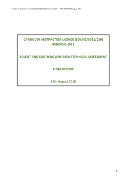 CANDOVER ABSTRACTION LICENCE (SO/042/0031/026) RENEWAL 2016 SOLENT and SOUTH DOWNS AREA TECHNICAL ASSESSMENT FINAL REPORT 11Th A