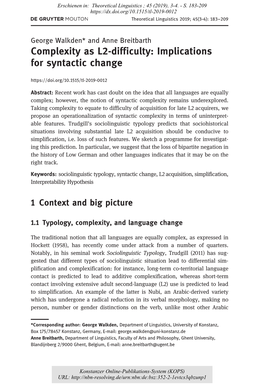 Complexity As L2-Difficulty : Implications for Syntactic Change