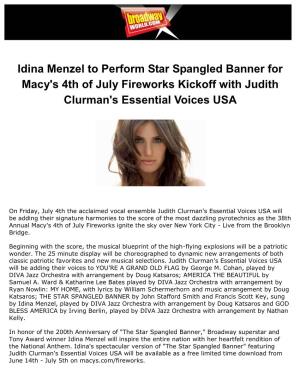 Idina Menzel to Perform Star Spangled Banner for Macy's 4Th of July Fireworks Kickoff with Judith Clurman's Essential Voices USA