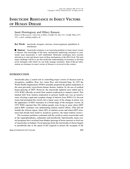 Insecticide Resistance in Insect Vectors of Human Disease
