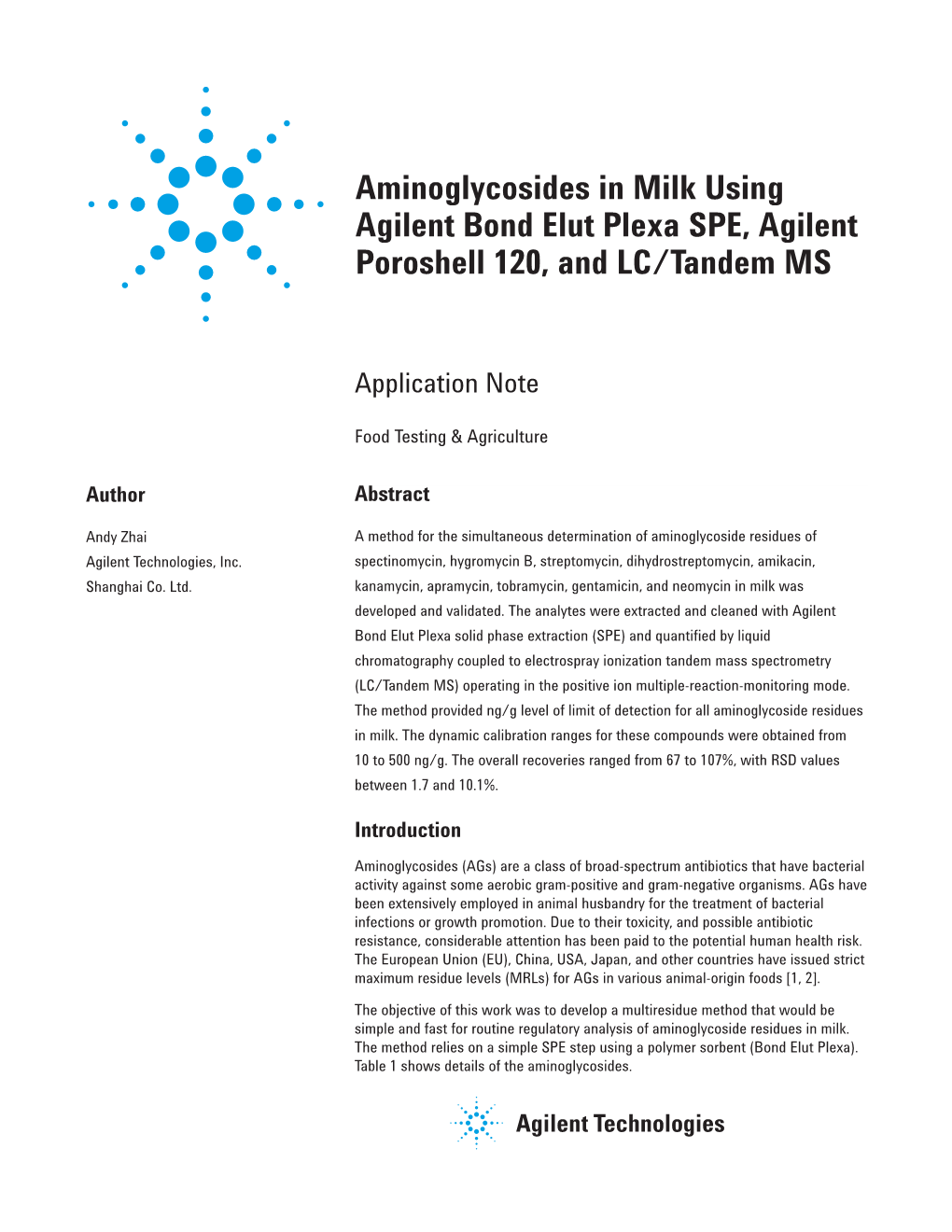Aminoglycosides in Milk Using Agilent Bond Elut Plexa SPE, Agilent Poroshell 120, and LC/Tandem MS