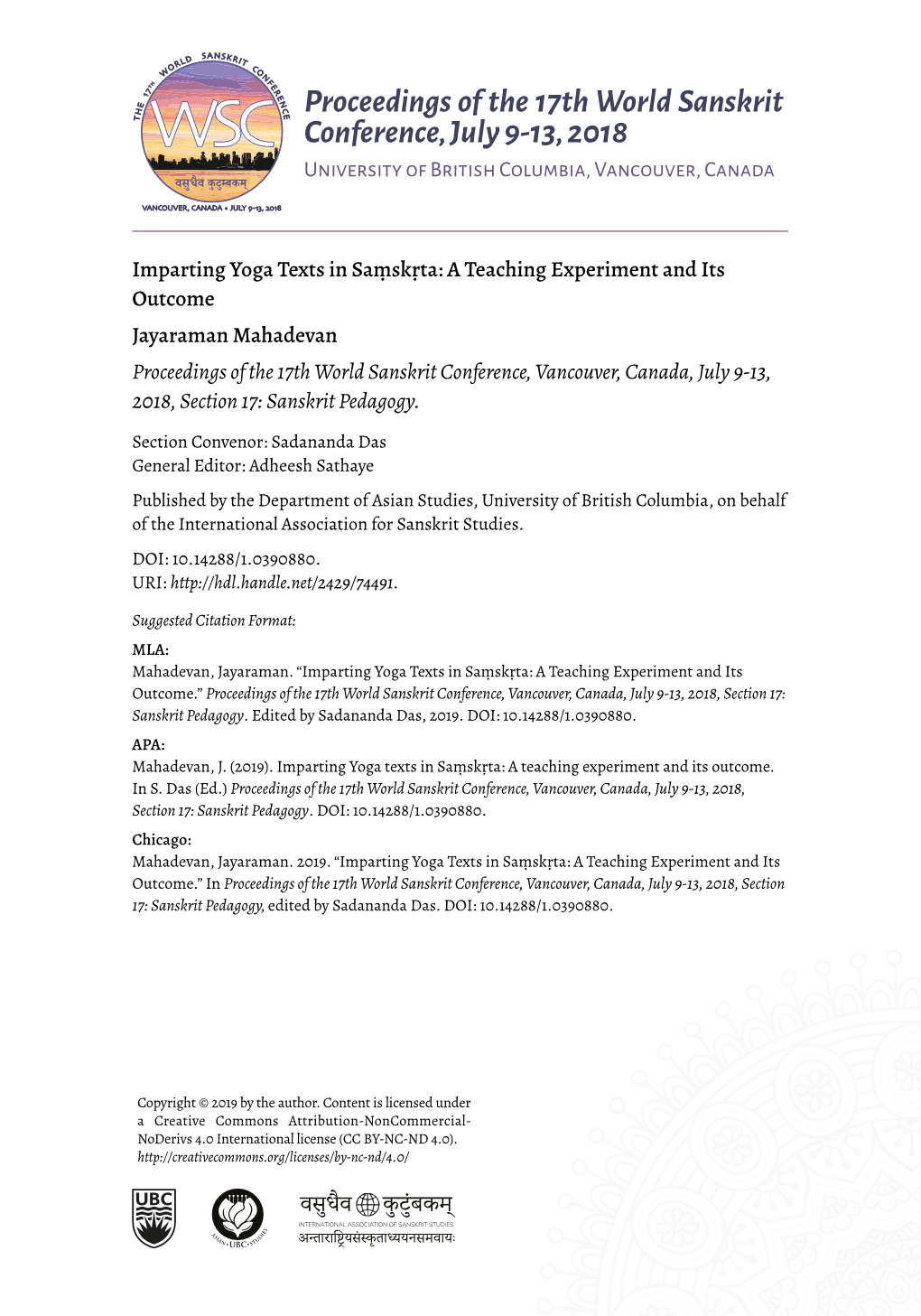 Mahadevan Proceedings of the 17Th World Sanskrit Conference, Vancouver, Canada, July 9-13, 2018, Section 17: Sanskrit Pedagogy