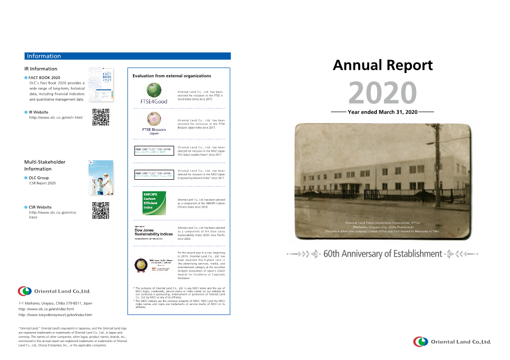 Annual Report 2020 1 Corporate Philosophy Derivation of Logo Contents Sixty Years of Progress