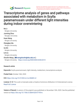 Transcriptome Analysis of Genes and Pathways Associated with Metabolism in Scylla Paramamosain Under Different Light Intensities During Indoor Overwintering