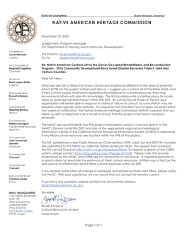 Native American Heritage Commission Response to HCD 2018 CDBG-DR