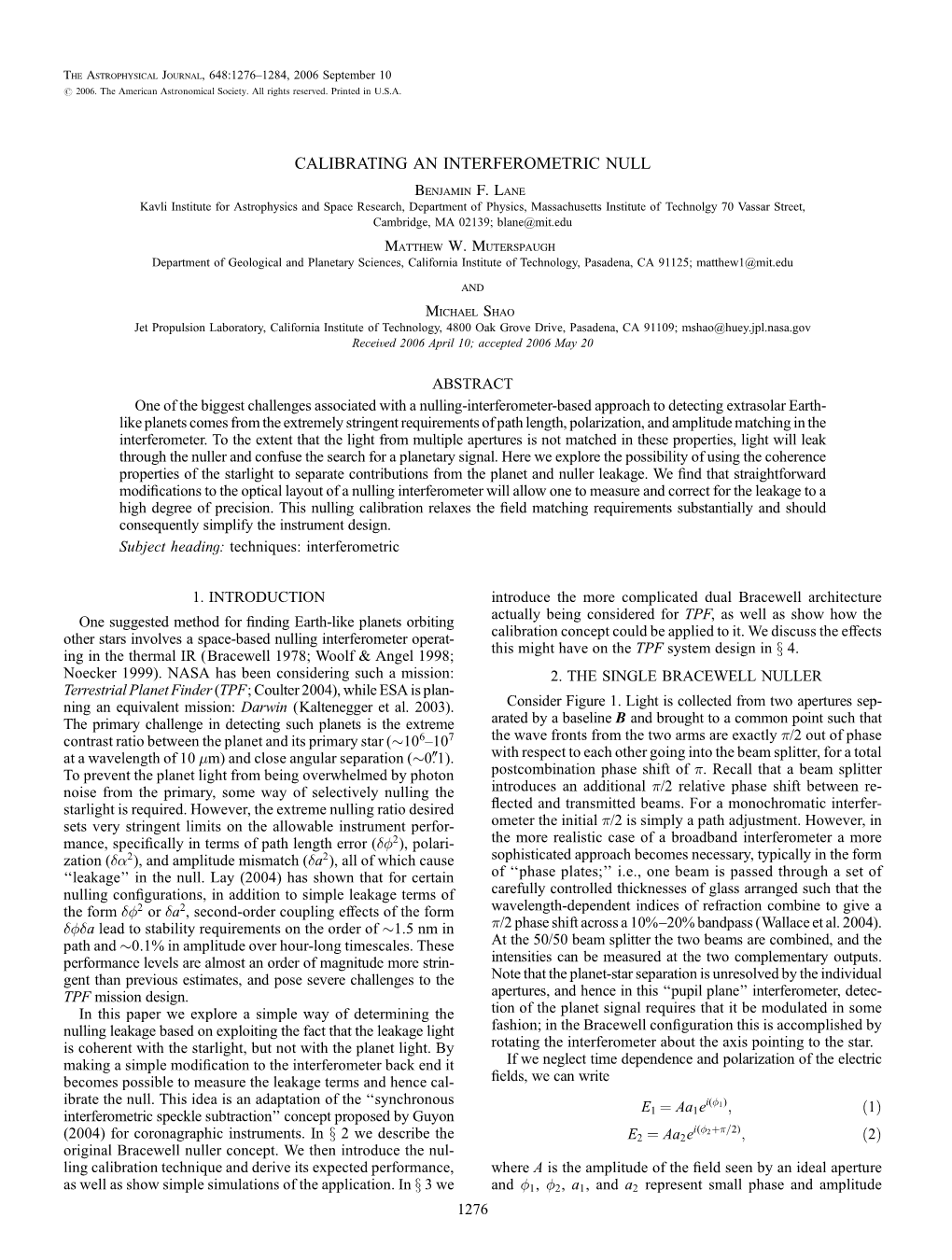 CALIBRATING an INTERFEROMETRIC NULL Benjamin F