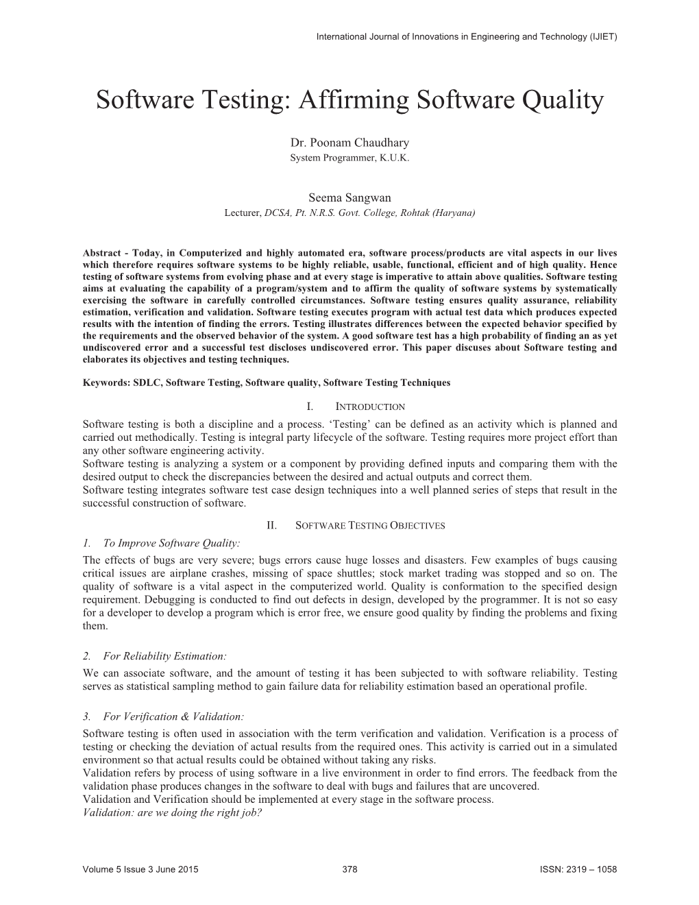 Software Testing: Affirming Software Quality